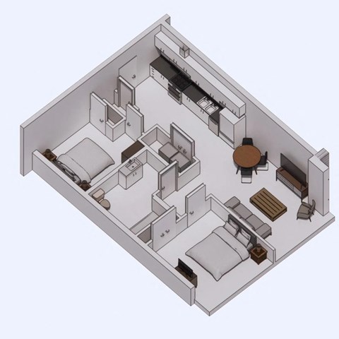 A 3D floor plan of a house with a kitchen, living room, and two bedrooms.